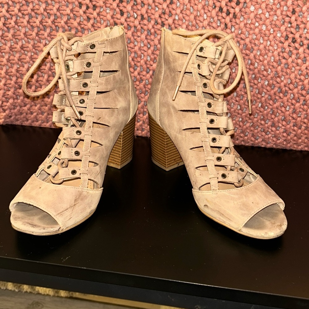 Light brown lace up wedges
